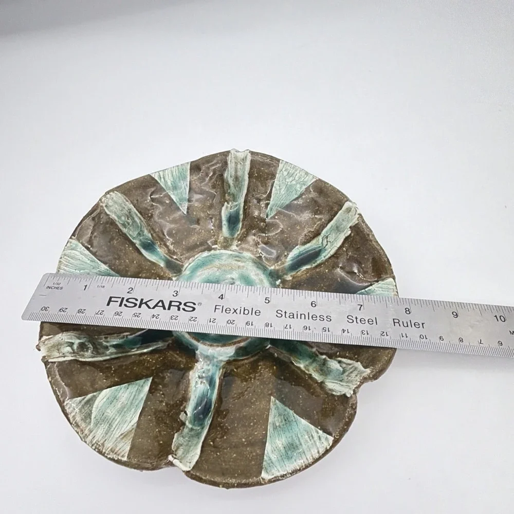 Vtg Signed LA Studio Pottery Dish Turquoise Brown Sunburst Scalloped Edge 6.5